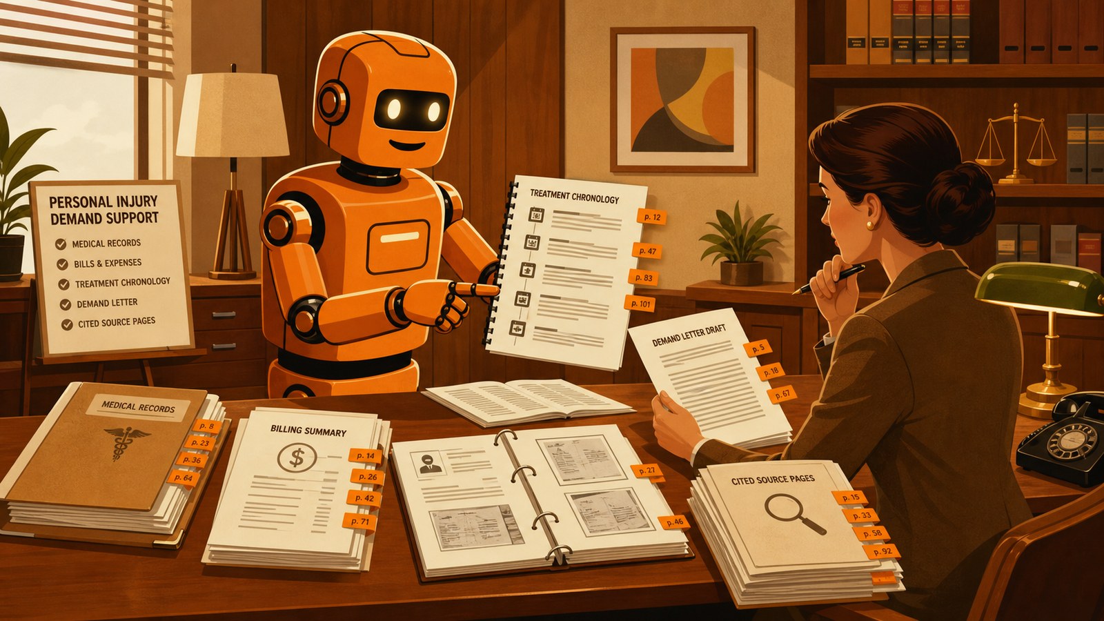 PG robot helping a personal injury team review medical records, bills, and demand support